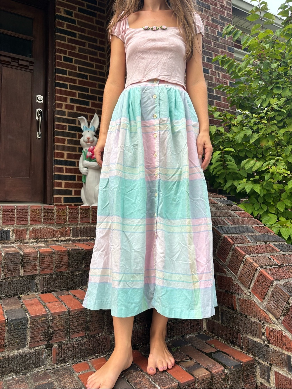 Vintage Pastel Striped Button-Front Maxi Skirt - Pink & Mint